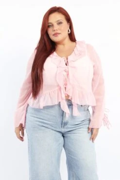 Pink Ruffle Top Long Sleeve Chiffon