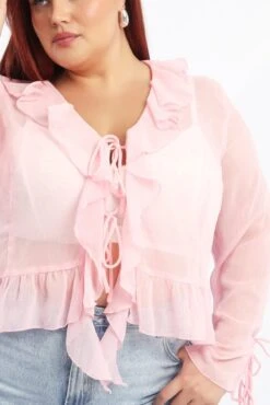 Pink Ruffle Top Long Sleeve Chiffon -You And All Fashion Store cwd3566 122r dusty pink 5