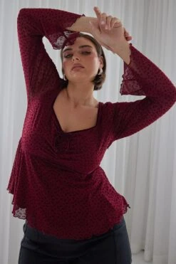 Red Peplum Top Long Sleeve Bow Front