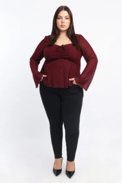 Red Peplum Top Long Sleeve Bow Front -You And All Fashion Store cwd3632 512r cherry 3