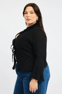 Black Tie Front Long Long Sleeve Textured -You And All Fashion Store cwd3676 47r black 3