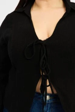 Black Tie Front Long Long Sleeve Textured -You And All Fashion Store cwd3676 47r black 5