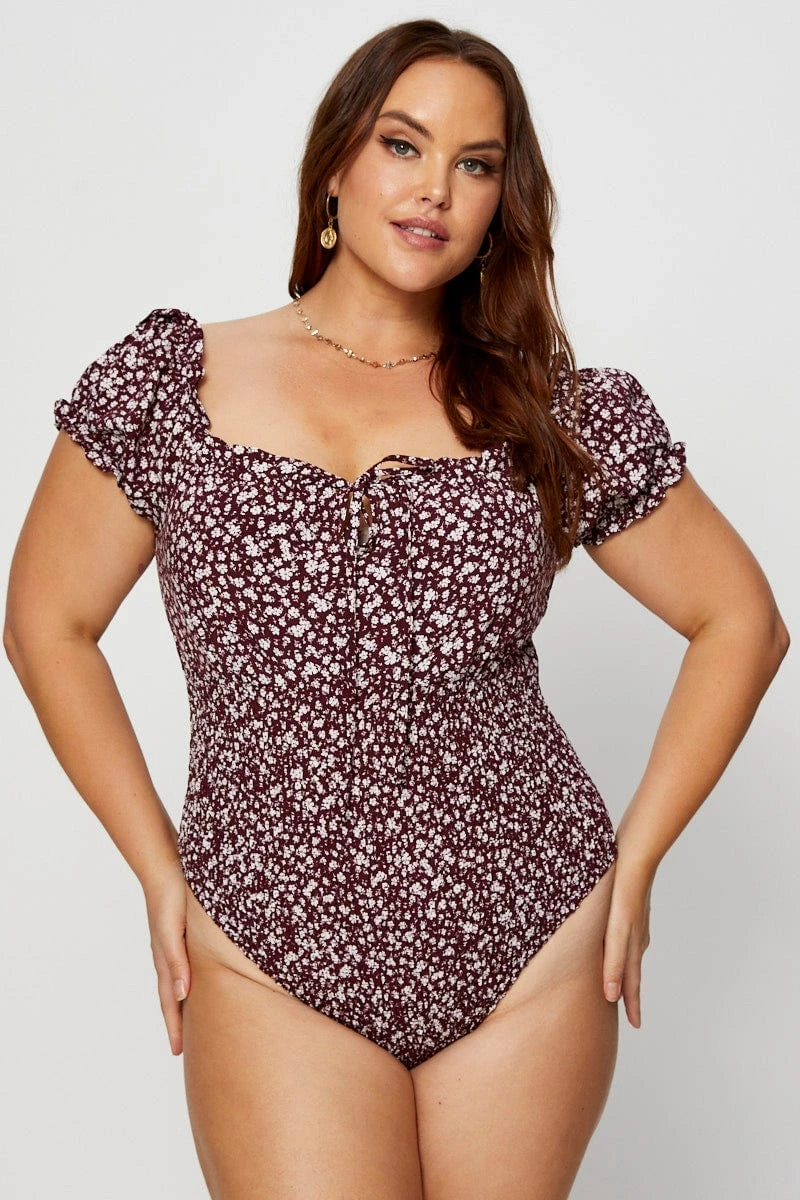 Ditsy Print Shirred Bodysuit Short Sleeve 2 Ditsy Print Shirred Bodysuit Short Sleeve - Image 2