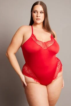 Red Lace Trim One Piece Bodysuit Lingerie